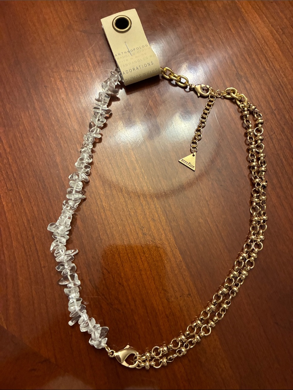 ANTHROPOLOGIE Clear Crystal Rock & Gold Chain Necklace. 14K Gold Plated. NWT